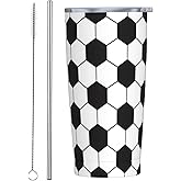 JASROTAO Soccer Ball Pattern Tumbler, White Black Ball 20oz Stainless Steel Insulated Travel Tumblers,Travel Coffee Mug with Lid and Straw Cups Gifts for Women Men