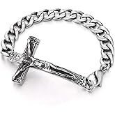 COOLSTEELANDBEYOND Mens Steel Vintage Jesus Christ Crucifix Horizontal Sideway Lateral Cross Curb Chain Bracelet