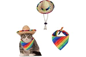 AWOCAN Pet Straw Hat Funny Mexican Sombrero Cap Rainbow Scarf Party Decorations for Birthday for Small Pets, Puppy, Cat (A)