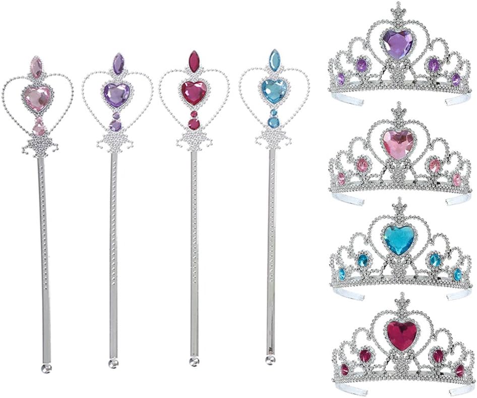 Simday 4 pcs Kids Princess Tiara Crown Set with Fairy Wands Girls Party Dress up Hair Accessories (Crown and Fairy Wands)
