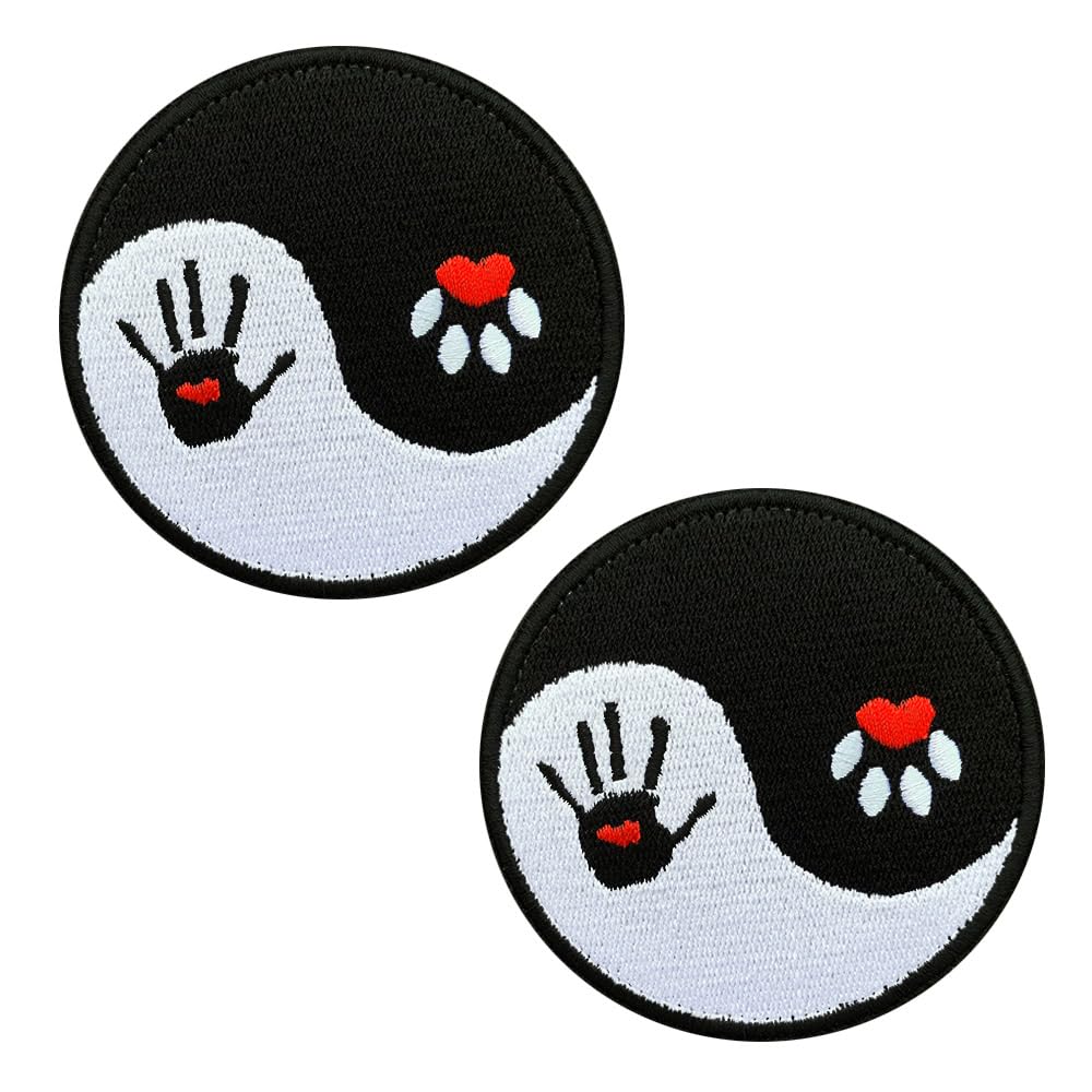 Zcketo 2 Pcs Taiji Rune Taoism Ying Yang Human and Dog Paw Symbol Embroidered Hook and Loop Patch Embroidery Sew on Patch for Clothes Clothing Jacket Jeans Uniform Dog Vest Harness