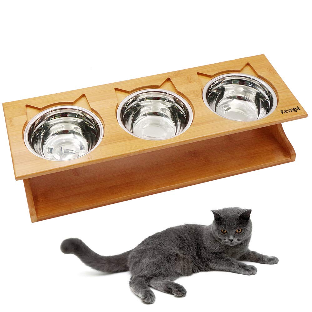 Petsoigné Cat Bowls Pet Dining Table with Raised Slope Wooden Stand Elevated Pet Bowls with Oblique Stand for More Comfortable Eating for Cats, Dogs, Kitten and Puppy (3 Bowl, Steel) — image 1