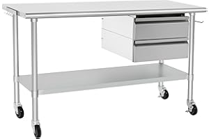 HARDURA RESTAURANT EQUIPMENT HARDURA Stainless Steel Table with 2 Drawers & Casters, Metel Prep Table with Hook, Tissue Holder and Undershelf 24x60 Inches for Commercial Kitchen Prep