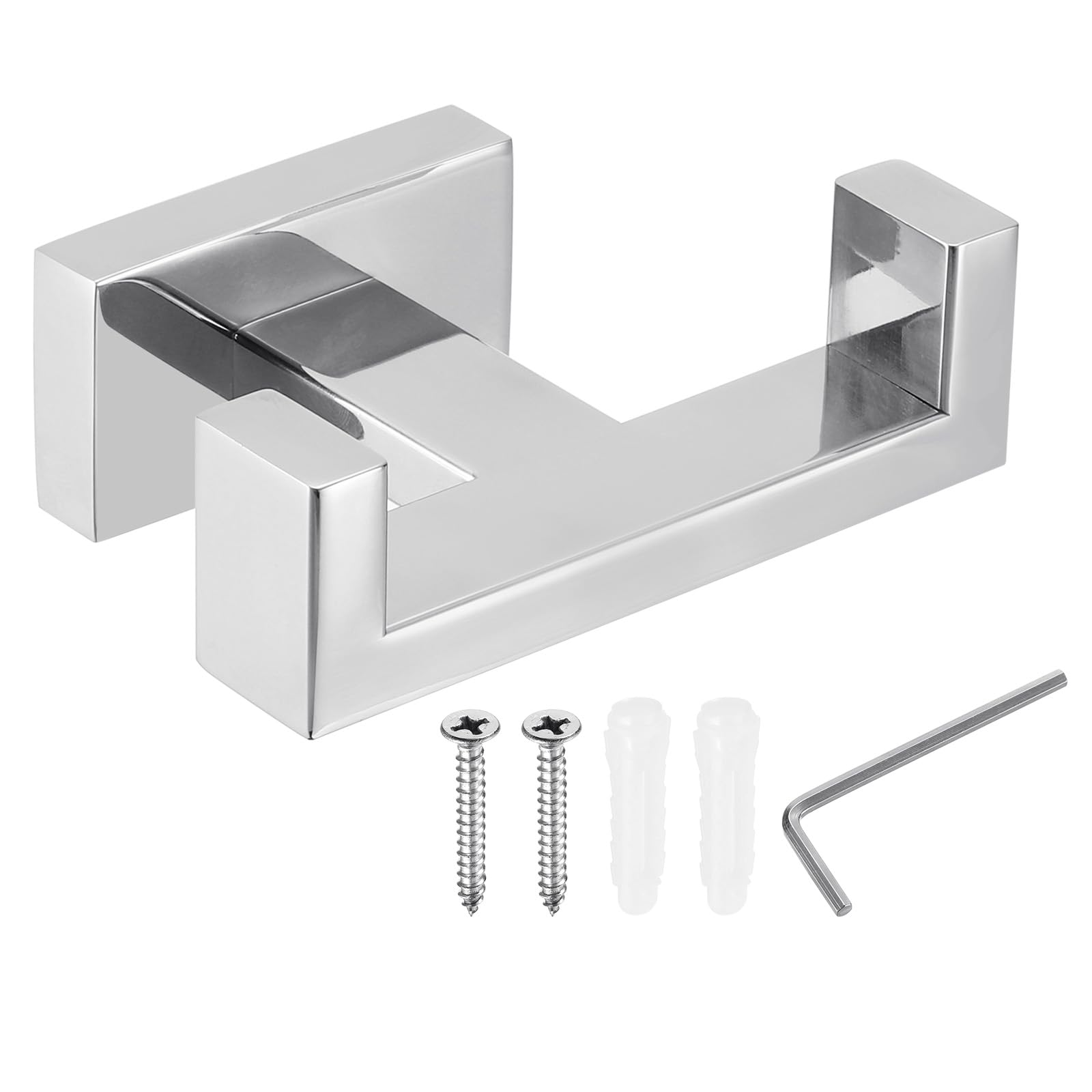 PATIKIL Double Towel Hook, 1Pack 304 Stainless Steel Wall Mounted Hanger Rectangle Towel Holder for Hanging Bathroom, Bedroom, Dormitory, Hang Towel, Clothes, Coat, Robe, Hat, Chrome Color