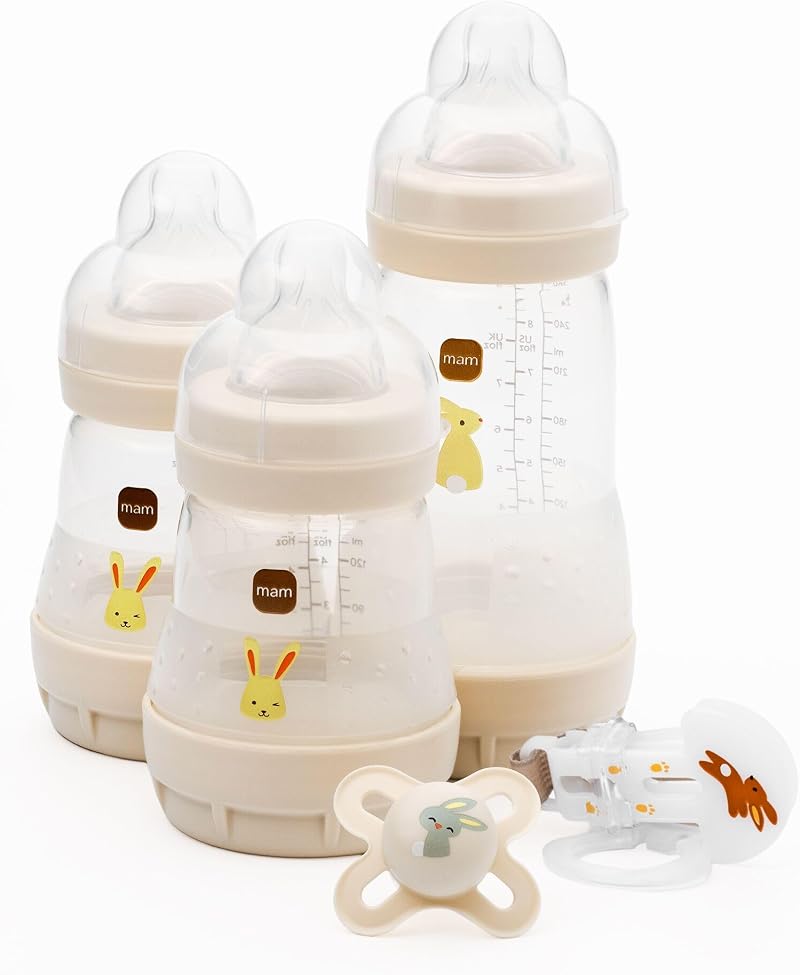 MAM Welcome to the World Set Baby Gift 3 Anti-Colic Bottles Soother Clip Grey