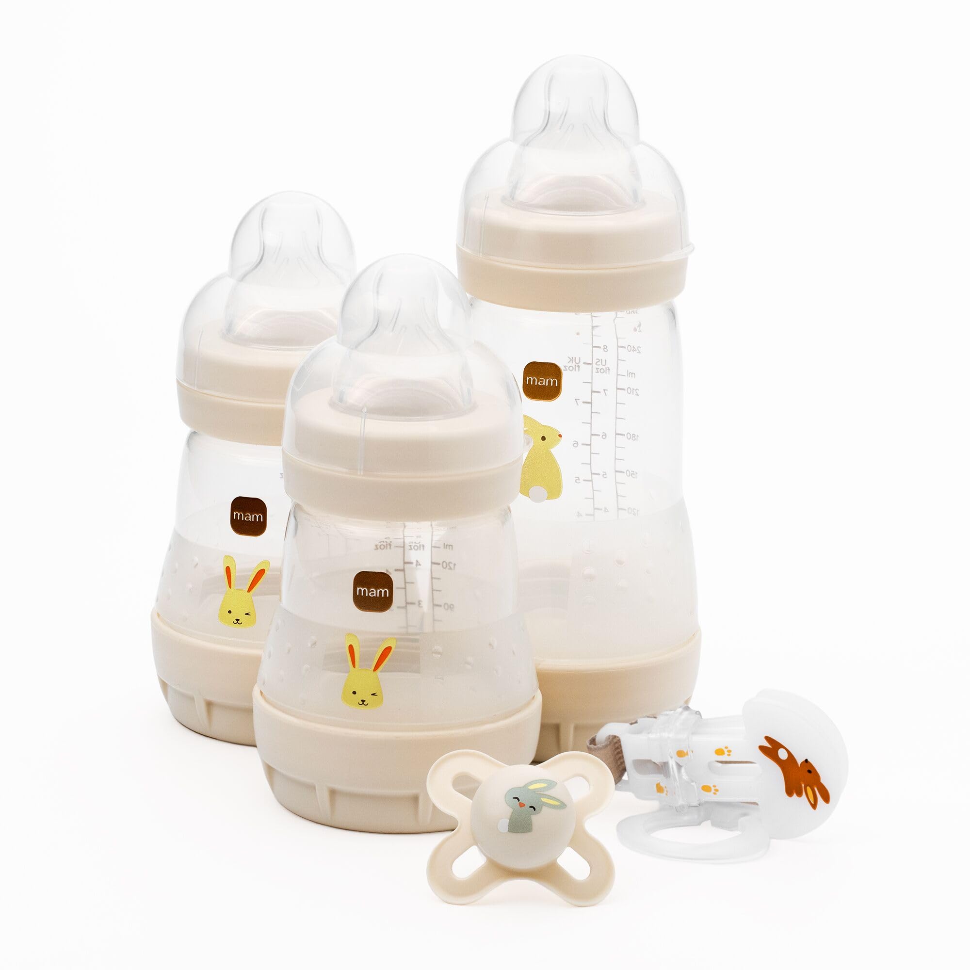 MAM Welcome to The World Set | Baby Gift Set with 3X Feeding Bottles, 0-2 Month Soother and MAM Dummy Clip | Baby Accessories for Newborn | Grey (Various Designs)