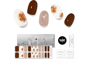 Adora Couture Semi Cured Gel Nail Strips with 30 Pieces, Salon Quality Nail Wraps for Women, Brown and Purple Pink with Flower UV Gel Nail Stickers, UV Light Required, Gided Flower