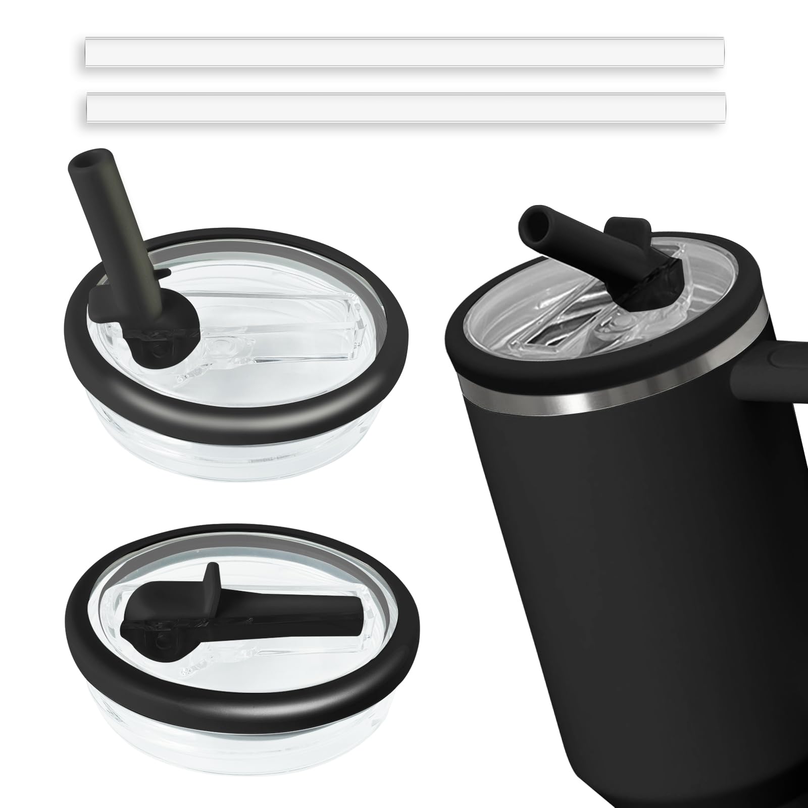 2pcs Leakproof Lid with Straw for Stanley Replacement,No-Spill Cup Lids for Stanley Quencher,Tumbler Flip Straw Lid for Stanley Accessories (Black, 40oz) — image 1