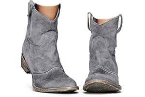 Cowboy Boots For Women Mid Calf Low Heel Chunky Block Heel Pointed Toe Vintage Cowgirl Western Boots Ankle Booties