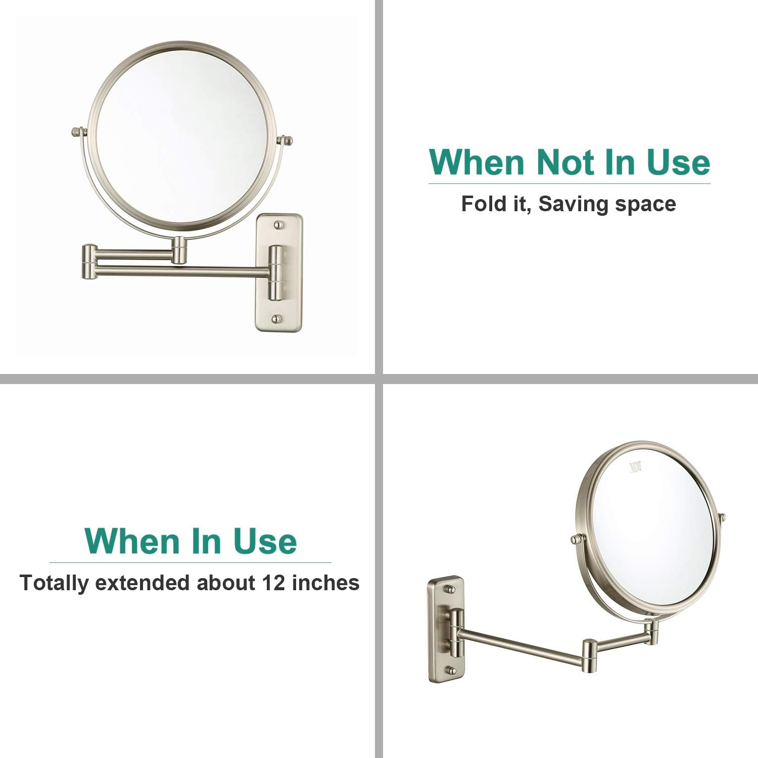 ALHAKIN Wall Mounted Makeup Mirror - 10x Magnification 8'' Two-Sided Swivel Extendable Bathroom Mirror Nickel Finish -