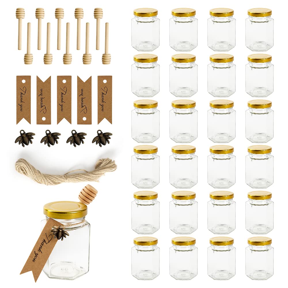 Photo 1 of Rormket 12 Pack 4oz Glass Hexagon Honey Jars Golden Lids - Extra Wooden Honey Dipper Sticks, Bee Charms, Tag String, Thank You Gift Tags, Wedding Favors Gifts, Baby Shower Party Canning Jar(Bronze)