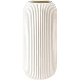 Ceramic Vase for Flowers – Modern Small Ribbed Textured Flower Vase for Home Decor, Pampas Grass, Decorative, Farmhouse, Coffee Table, Kitchen Centerpieces, Bookshelf and Home Living (XL White)