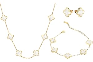 PRIMATORIA Four Leaf Clover Jewelry Set for Women 18K Gold Plated Bracelet Necklace Earrings 4 Leaf Lucky Choker and Ear Studs for Mother and Daughter (White)