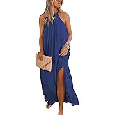 FARORO Sleeveless Long Dress for Women Boho Halter Maxi Sundress Casual Loose Dresses Split Cover Up Gown with Pockets