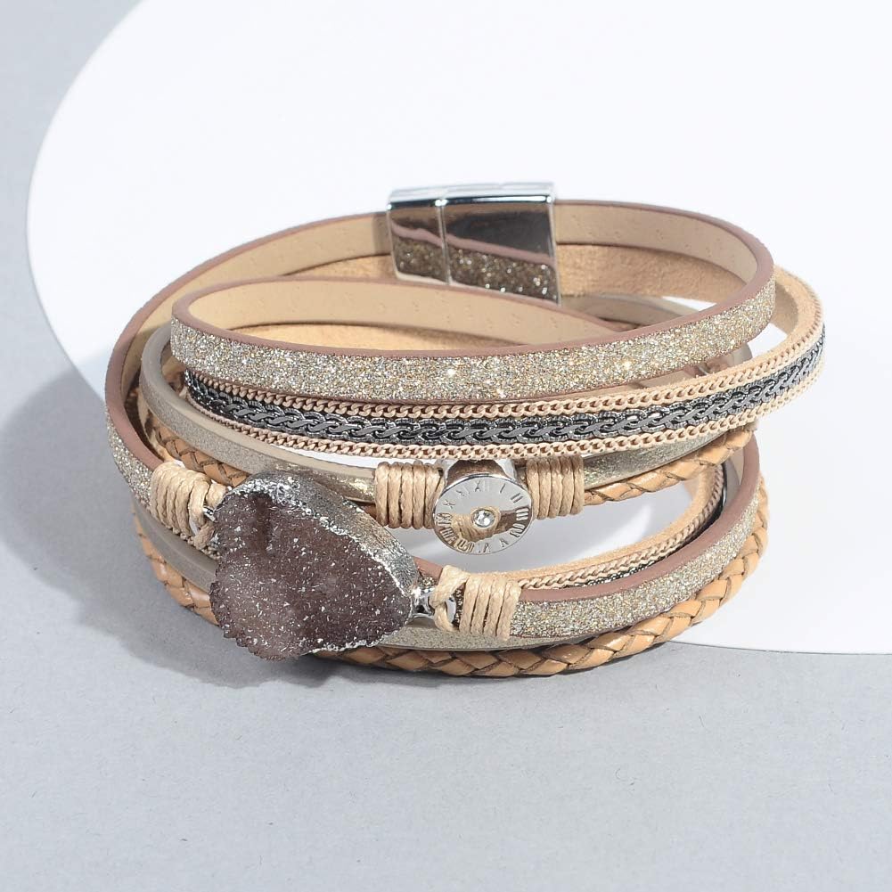 Leather Cuff Bracelet for Women - Boho Beads Wrap Clasp Bangle Bracelet Leather Wristbands Birthday Gifts for Women(Brown with druzy): Jewelry