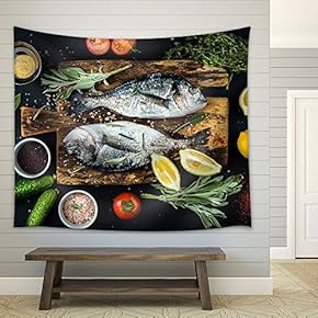 Fresh Uncooked Dorado or Sea Bream Fish with Lemon, Herbs, Oil, Vegetables and Spices - Fabric Wall Tapestry Home Decor - 51x60 inches