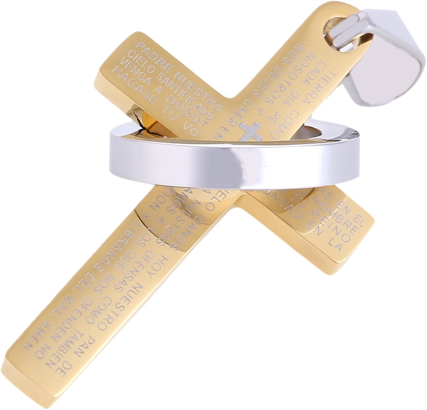 DonDon Men’s Cross Pendant Stainless Steel with Spanish Lord's Prayer Engraving Gold, Cross Gold