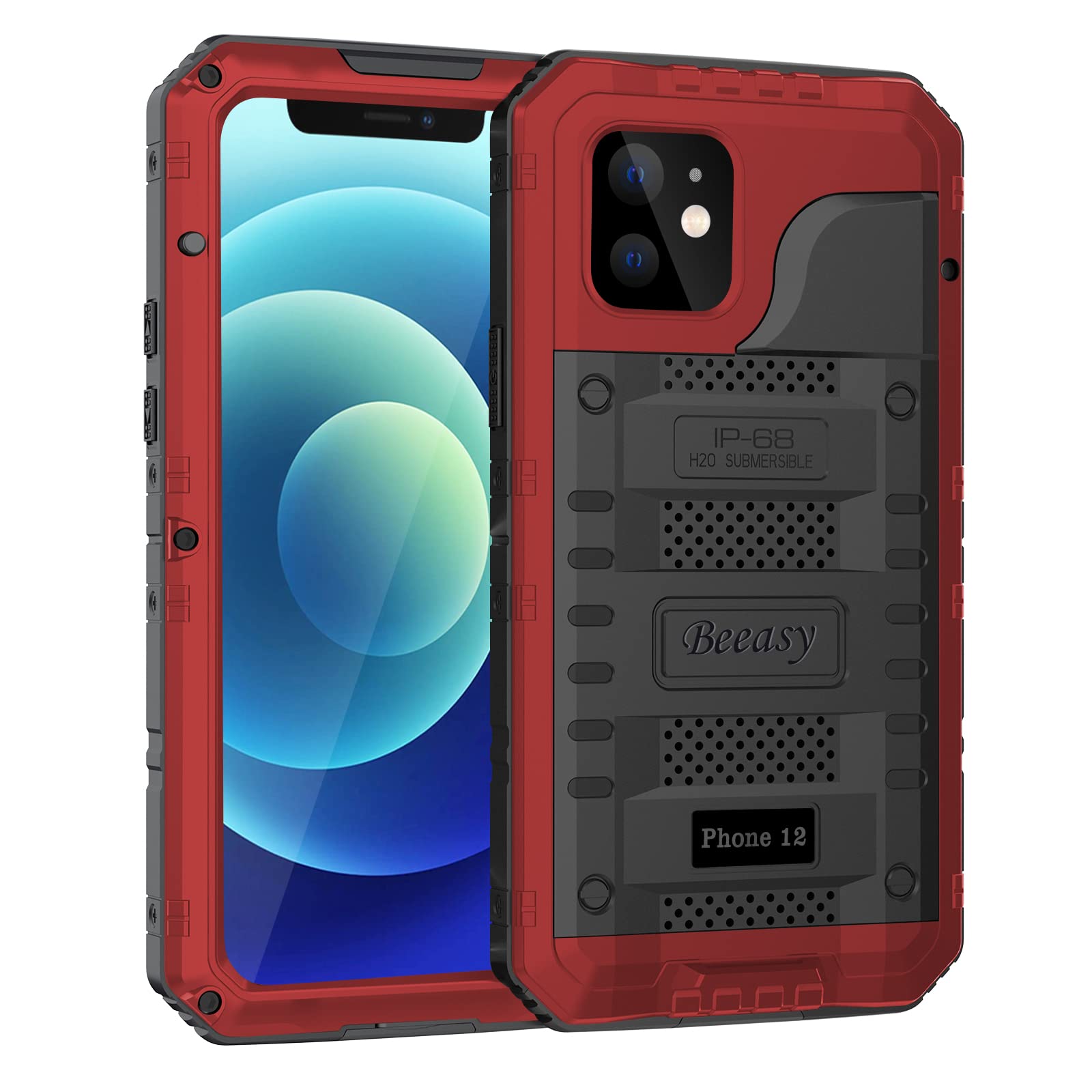 Beeasy Case for iPhone 12 Shockproof Waterproof Heavy Duty Protective,Military Full Body Tough Case Built in Screen Protector,Metal Hard Armour Phone Case for iPhone 12 6.1",Red — image 1