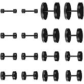 Xindojuz 8 Pairs Mens Black Earrings, Stainless Steel Fake Gauges Faux Plugs Dot Earrings for Ears Round Black Surgical Stud Earring for Women Men Decoration (3/4/5/6/7/8/10/12 mm)