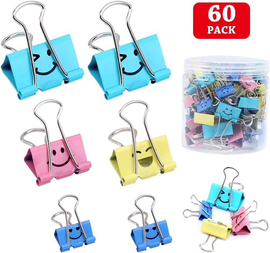 Binder Clips, Limque Paper Clips,Paper Clamps with Colored Cute Hollow Smiling Face,60 Pcs Assorted Size Clips, for Office,Teacher Gifts and Kitchen (JZ-60)