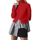Navonta Womens Turtleneck Peplum Patchwork Sweater 2 in 1 Slit Asymmetrical Hem Pullover Sweater Striped Contrast Shirts Top