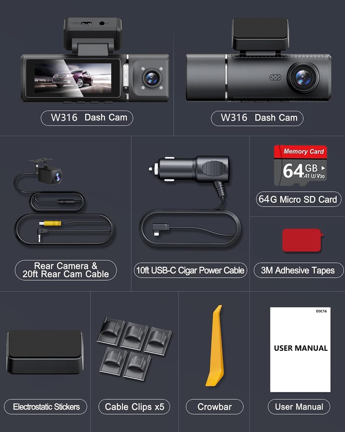 3 Channel 4K Dash Cam Front and Rear Inside, Built-in 5G WiFi,4K+1080P+1080P Dash Camera with 64GB Card,3.16” IPS Screen,Loop Recording, G-Sensor, 24H Parking Monitor, Night Vision(Black)