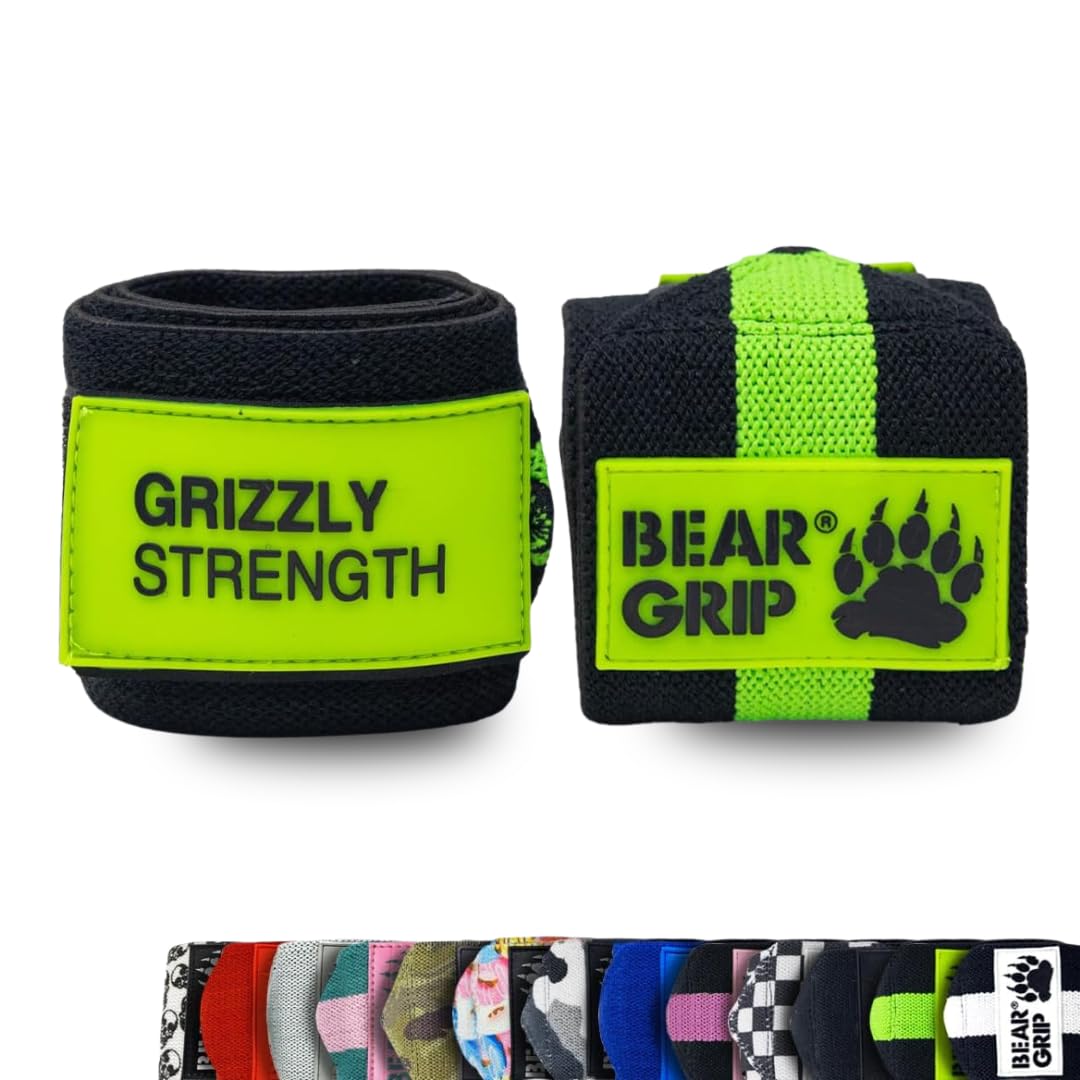BEAR GRIP - Premium Heavy Duty Weight Lifting Wrist Wraps, Bodybuilding, Crossfit, Powerlifting, StrongMan (Black/Green, 24 Inches)