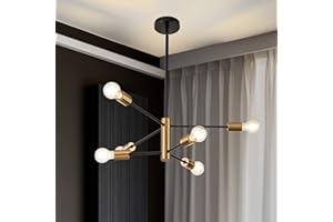 SineRise Modern Sputnik Chandelier Light Fixture, 6-Light Chandelier Ceiling Light Fixture Black and Gold Mid Century Chandelier Height Adjustable for Kitchen, Living Room, Bedroom, Hallway and Foyer