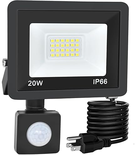 LEACOCO 10W Motion Sensor Flood Light Outdoor – IP66 Waterproof, 1000LM, 6500K Daylight White, Plug-in Security Light