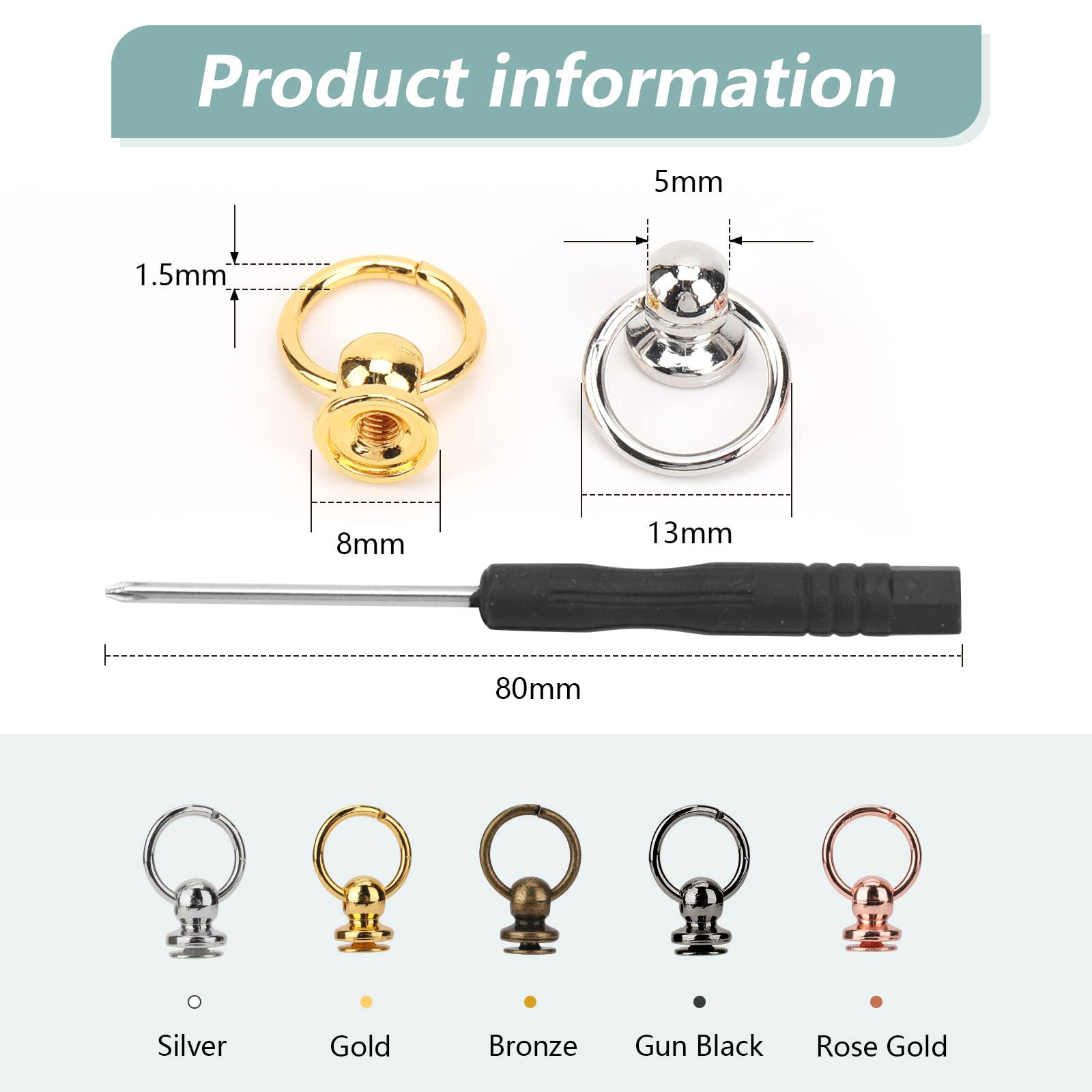 50pcs Screwback Round Head Rivet with Pull Ring Studs with Screwdriver for DIY Leather Craft Belts Purse Handbags Phone Cas (Multicolour)