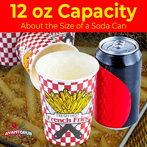 Grease-Proof Paper French Fries Cups 50 Pack. Each Sturdy Fry Container Holds 12 oz and is Sized for Handheld Snacking! Great for Concession Stands, Fundraiser Carnivals and Food Trucks!
