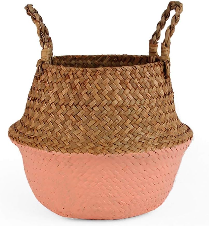 Mo Duo Fake Flowers Folding Seagrass Basket Laundry Basket Wicker Bag Storage Basket Rattan Flower Pot Woven Garden Planter Panier Osier Kids Toys,Flesh Tint,22cmX20cm