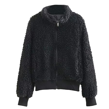 Comcrib Damen Kurzer Teddyfleece Mantel, Vintage Reißverschluss Wintermantel Langarm Oversize Jacke Retro Einfabig Parka Outw