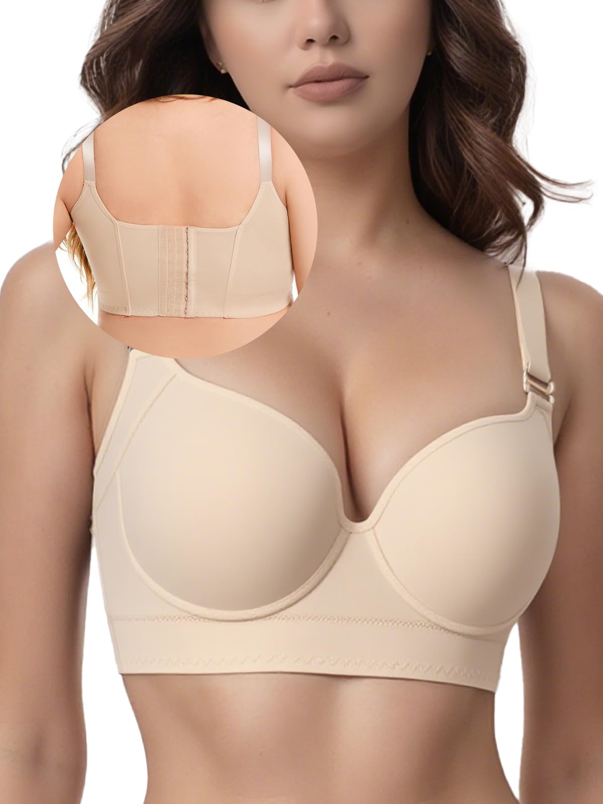 Photo 1 of JishinGal Women’s Push Up Bra Full Coverage Seamless Underwire Hide Back Fat, Wide Straps, Smooth Uplift T-Shirt Bra Nude  36