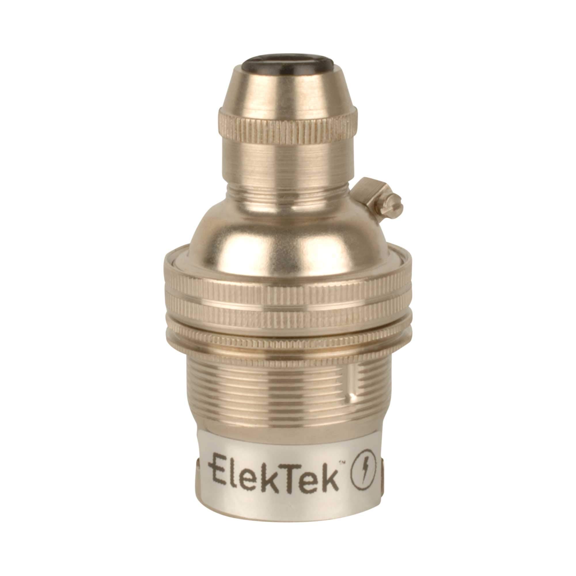 ElekTek B22 BC Bayonet Nickel Plated Brass Cord Grip Ceiling Pendant Unswitched Lamp Light Bulb Holder with Shade Ring - For use with Ceiling Rose and Lighting Flex (7mm Max. Dia.) - Made in UK