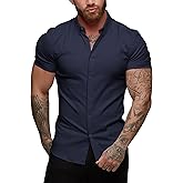URRU Men's Muscle Dress Shirts Slim Fit Stretch Short Sleeve Casual Button Down Shirts for Men