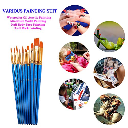 Hundor 10Pieces Paint Brushes Blue Round Pointed Tip Nylon Hair Brush Set