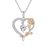 YUWING Valentines Day Gifts for Women, 925 Sterling Silver Heart Rose 1 Carat Cubic Zirconia Necklaces Trendy Jewelry Heart Necklaces Birthday Valentines Day Gifts for Girlfriend Wife Women