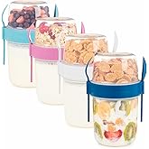 EYNEL 4 Pack Breakfast 22 oz On The Go Cups with Lids and Spoon, Reusable Cereal Yogurt Cup with Topping Plastic Overnight Oa