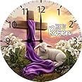 Soliyoahee Christian Sign Bible Verse Sign He is Risen Wall Clock Vintage Wooden Battery Operated Non Ticking 10inch Clock Silent Art Rustic Wood Clock for Home Bedroom Kitchen Office