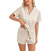 DingCo Women's Satin Pajamas Set - Soft Button-Up Top with Pinstripes and Drawstring Silky Shorts, Satin Classic Loungewear