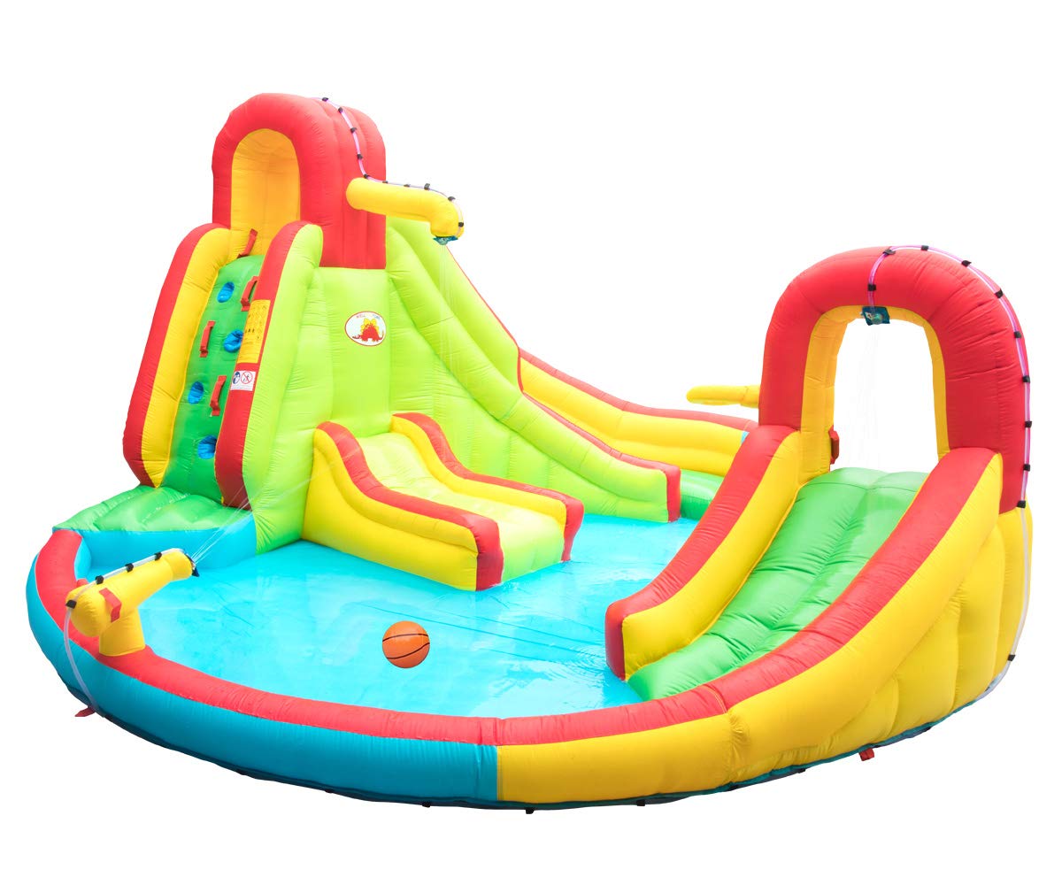 WELLFUNTIME Heavy Inflatable Water Slide Park, Double Slide Climbing Wall Fountain for Outdoors, Equipped with Air Blower