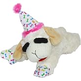 Multipet Lamb Chop Dog Plush Toy with Birthday Hat - Squeaky Dog Toy | Soft Plush Dog Toy, Stuffed Animal Dog Toy For Playing, Cute Birthday Toy 10.5&rdquo;, Pink Hat, 5 Squeakers