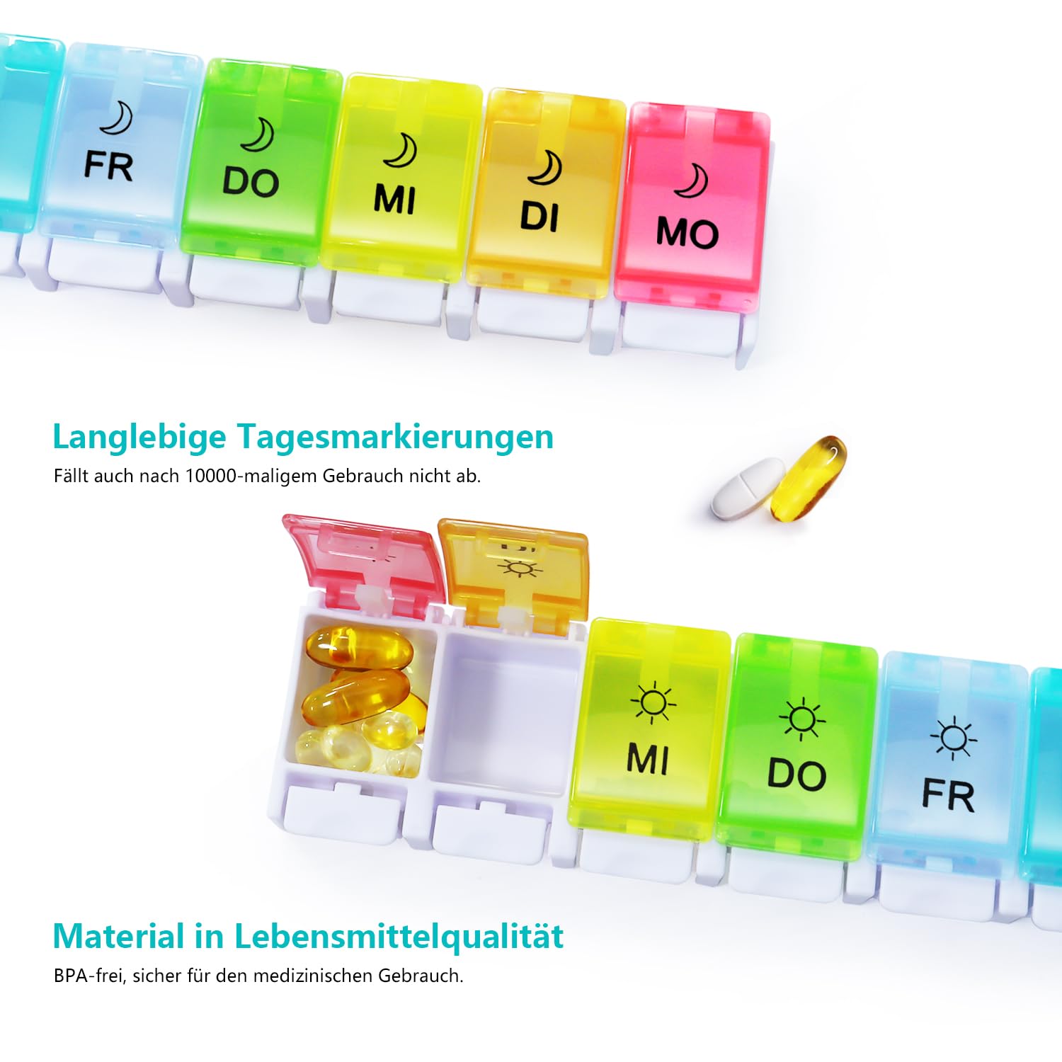 MOLN HYMY Medikamentenbox 7 Tage 2 Fächer, Pillendose Morgens Abends, Große Kapazität, BPA-frei, 14 Fächer, Druckknopf (Regenbogen) 3