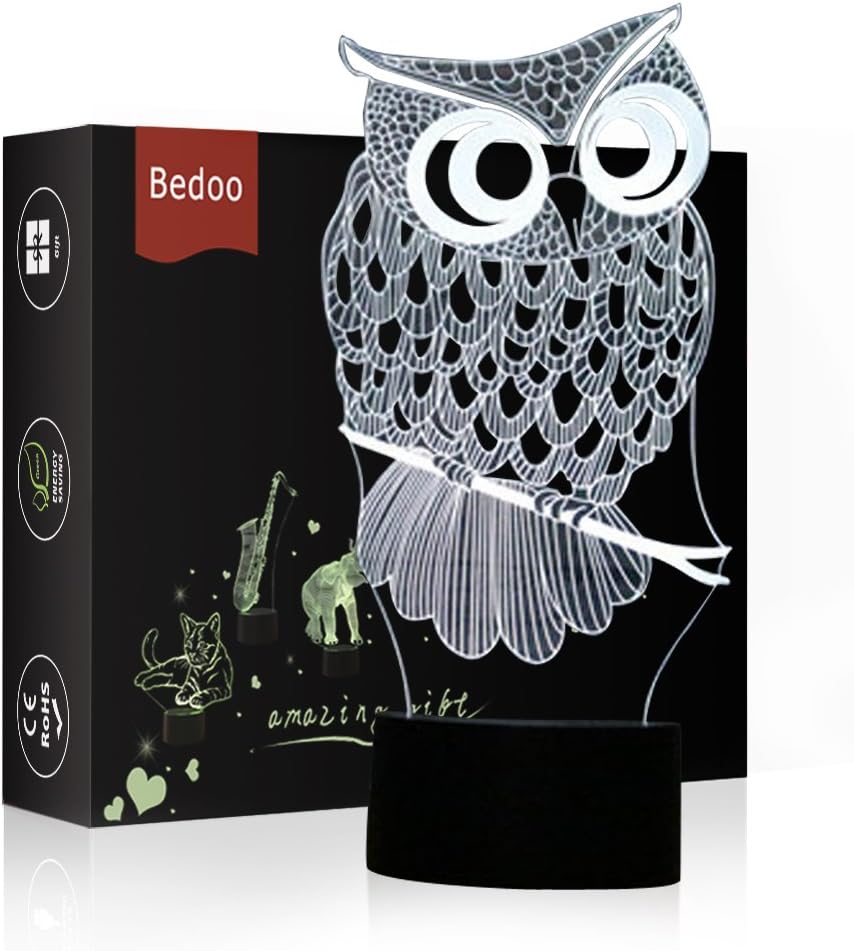 HeXie LED Night Lights 3D Illusion Bedside Table Lamp 7 Colours Changing Sleeping Lighting with Smart Touch Button Cute Gift Warming Present Creative Decoration Ideal Art and Crafts (Owl)
