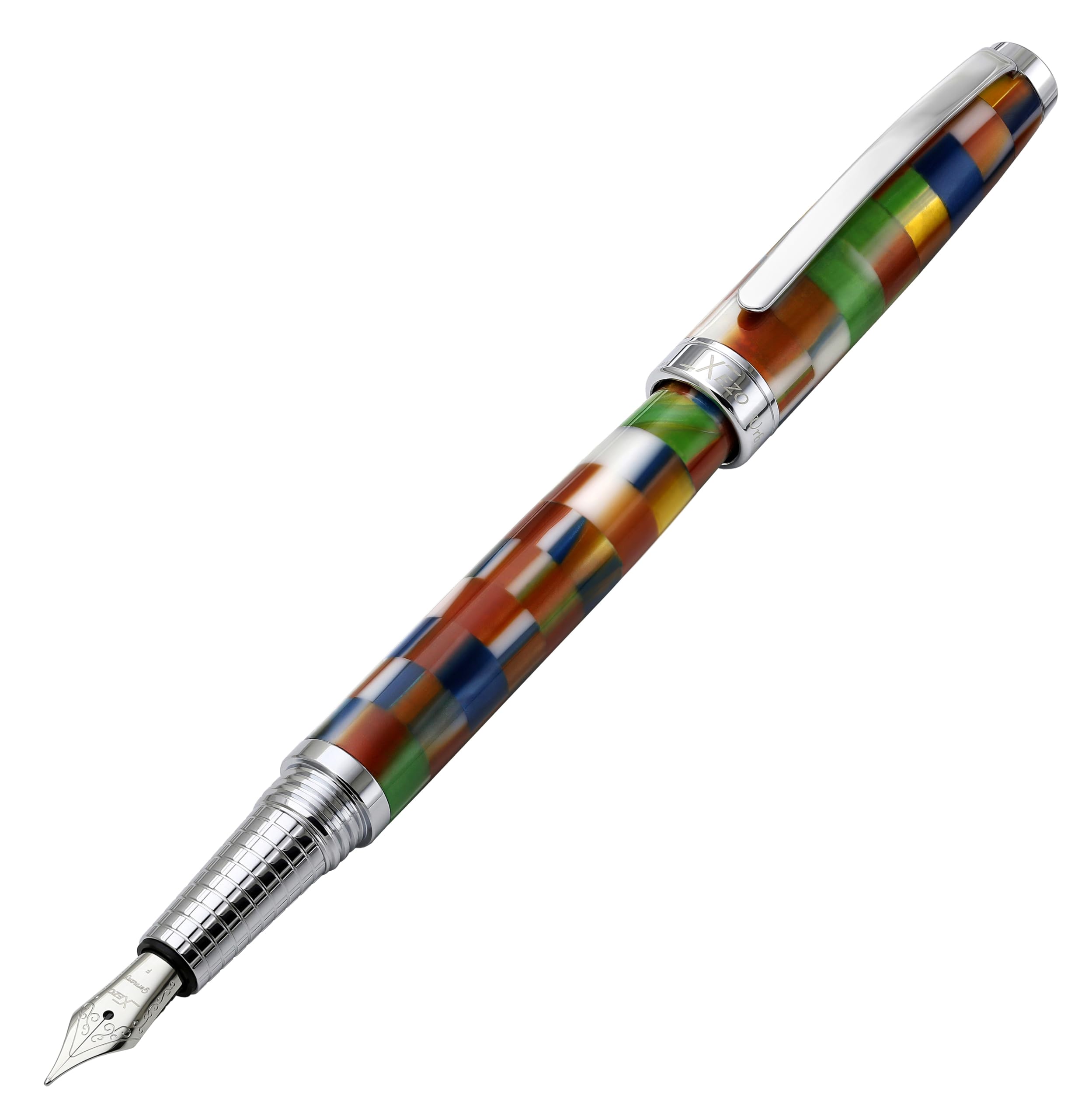 Xezo Urbanite II Fountain Pen, Fine Nib. Jazzy Multicolor Checkered Acrylic on Brass. Chrome Plated. Handcrafted, Limited Edition, Serialized