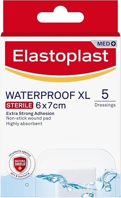 Elastoplast Waterproof XL Med+ Dressings 5 Pcs - Large Wound Plasters 6x7cm