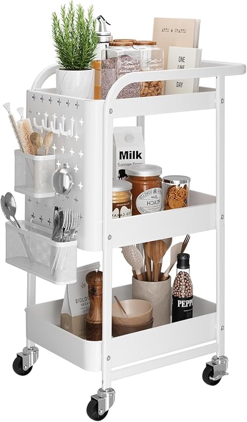 Dripex Storage Trolley on Wheels, 3-tire Metal Storage Utility Cart with 1 Removable Pegboards, 2 Baskets, 4 Hooks, Rolling Storage Trolley for Kitchen, Bedroom, Bathroom, Office, White