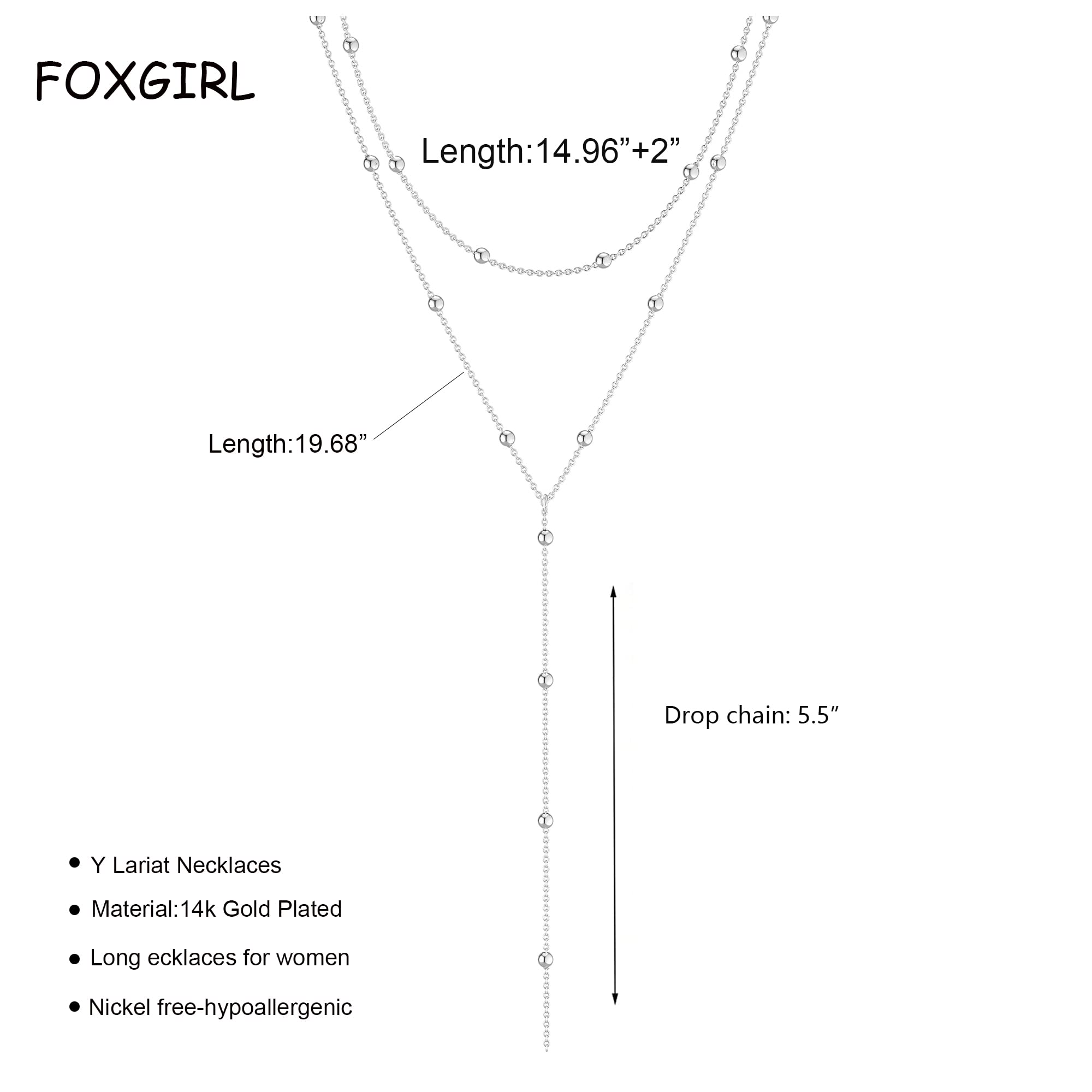 Foxgirl Lariat Gold Necklace for Women, Dainty Long Necklace 14k Gold Plated/Silver Y-Shaped Pendant Necklace Trendy Layered Cz Beaded Chain Drop Necklaces Simple Gold Jewelry For Women Gift