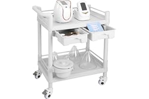 CENOZ 2 Tier Esthetician Cart, Rolling Utility Cart with Bucket & 2 Big Drawers, Heavy Duty Salon Trolley with 360 Rotate Silent Wheels, Load 330lbs Mobile Medical for Salon Hospital Office Lab